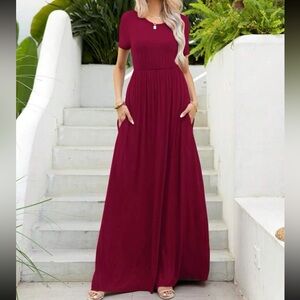 Boho Round Neck Short Sleeve Maxi Dress Burgundy